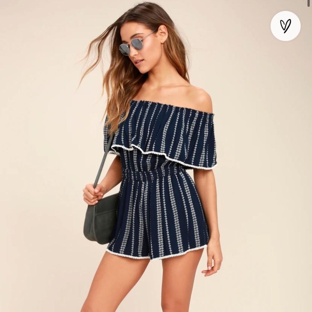 Lulus See Ya There Navy Blue Print Off-the-Shoulder Romper